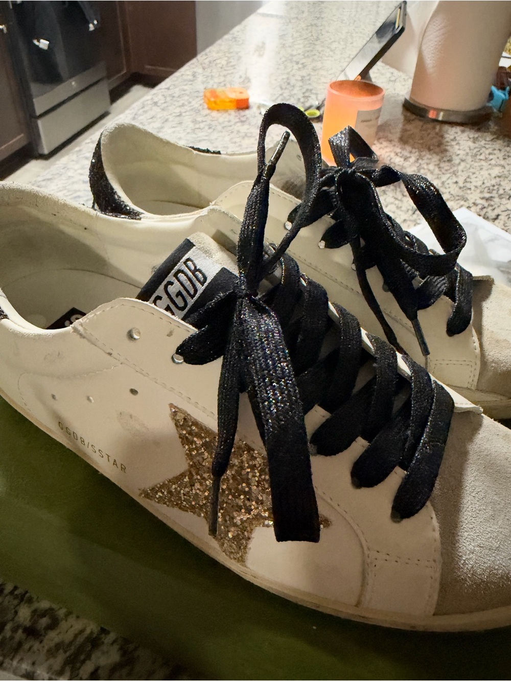 Golden Goose Women’s White Sneakers with Gold Glitter Star and Black Laces